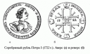 серебряный рубль Петра I 1722 г.